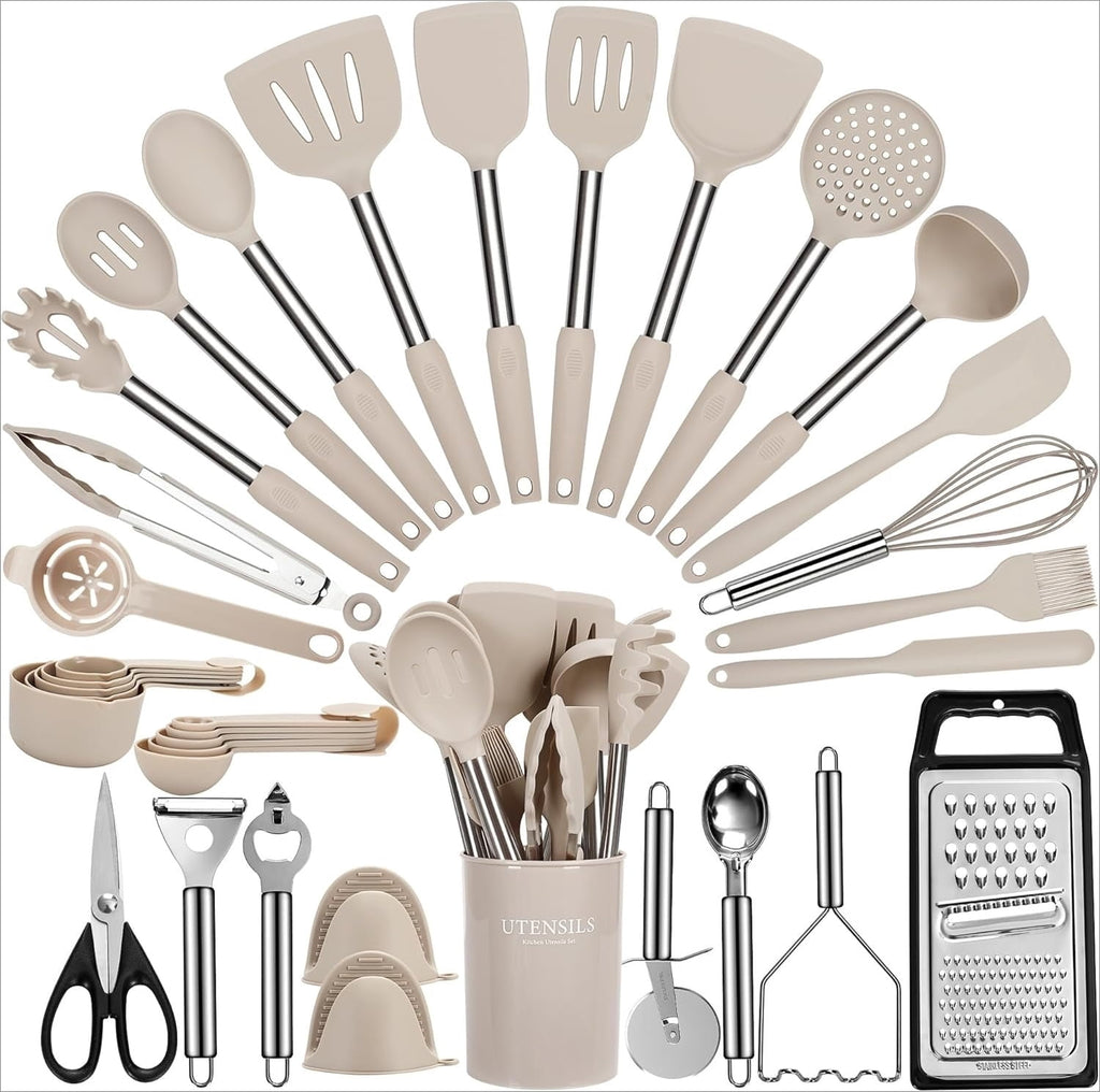 Large Cooking Utensils Set, 35 count Kitchen Utensils Set with Holder, Stainless Handle Spatula Set, Grade Kitchen Ga...