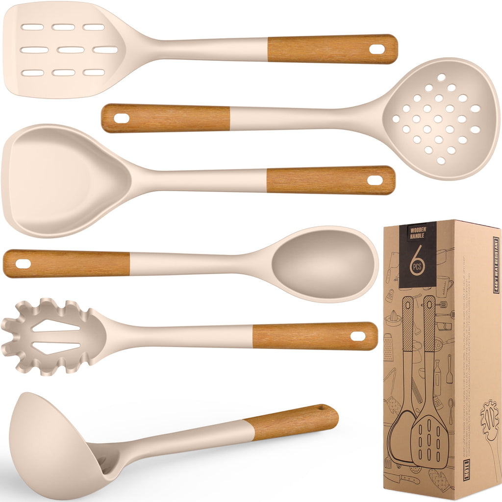 Large Silicone Cooking Utensils - Heat Resistant Kitchen Utensil Set with Wooden Handles, Spatula,Turner, Slotted Spo...