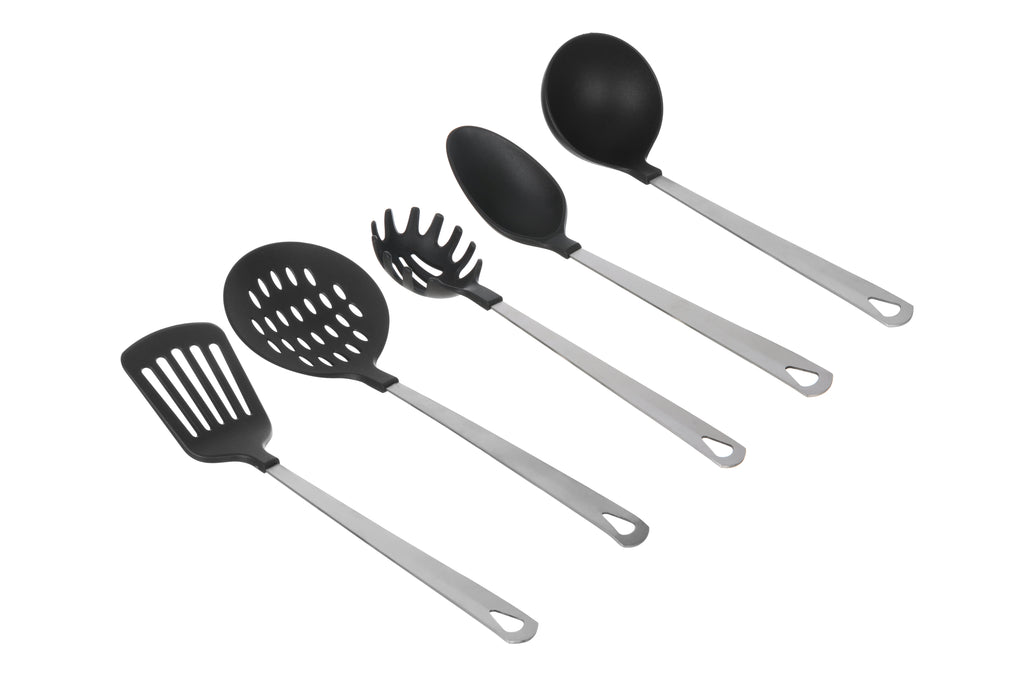 Mainstays Stainless Steel and Nylon Kitchen and Cooking Utensil Set, Spoon, Spatula, Ladle, Pasta Spoon and Skimmer Assorted Colors