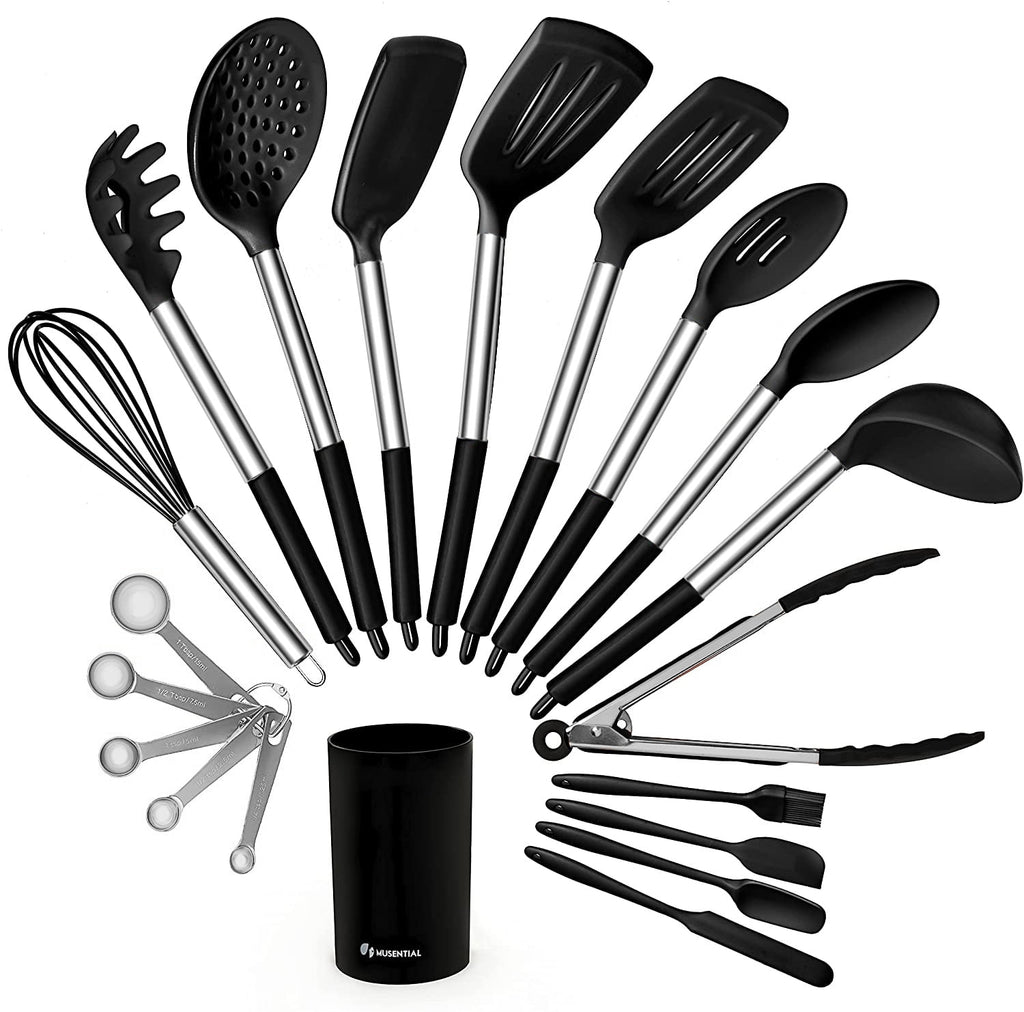 MUSENTIAL 20-Piece Kitchen Utensil Set with Holder, BPA-Free Silicone and Stainless Steel Handle, Non-Stick and Heat Resistant Cooking Spatu