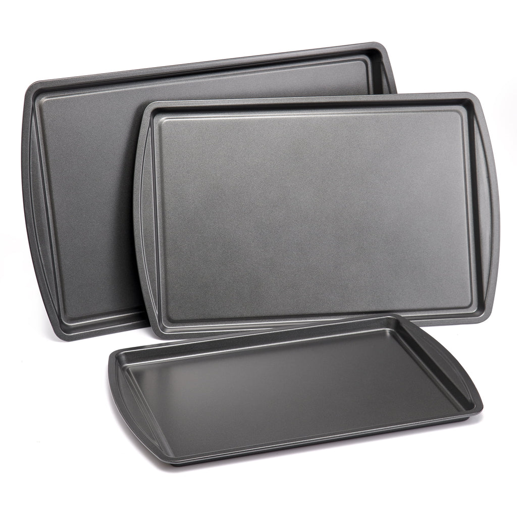 3pc Steel Nonstick Cookie Sheet Bakeware Set, 11" x 17", 10" x 15", 9" x 13", Gray