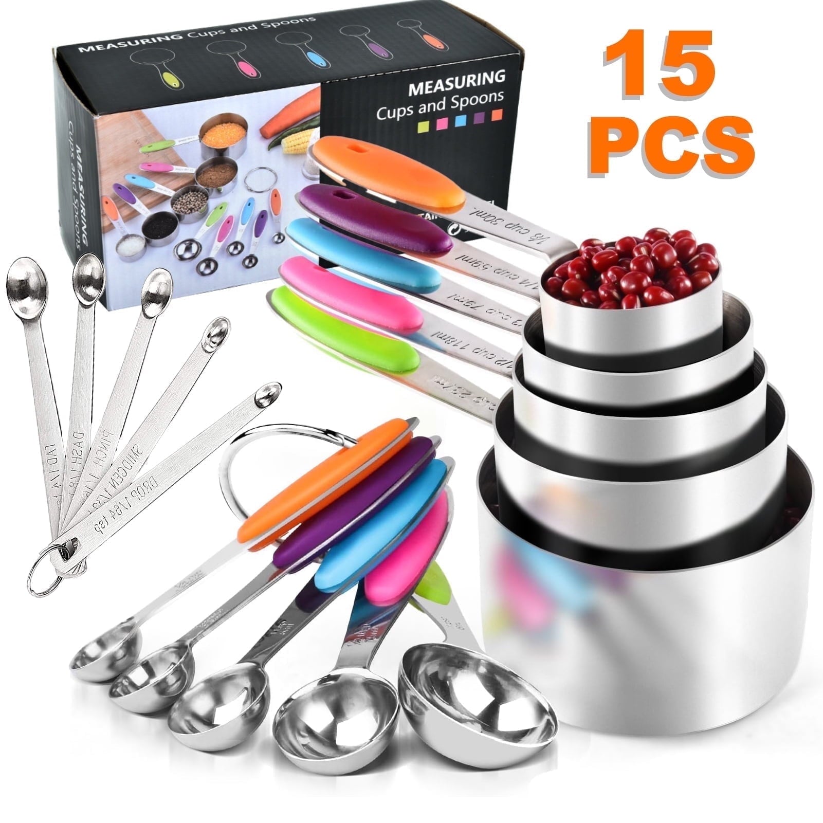 Measuring Cups and Spoons Set of 15, Kitchen Measuring Tool with Colored Silicone Handle, Including 5 Nesting Measuring Cups, 5 Spoons, 5 Mi