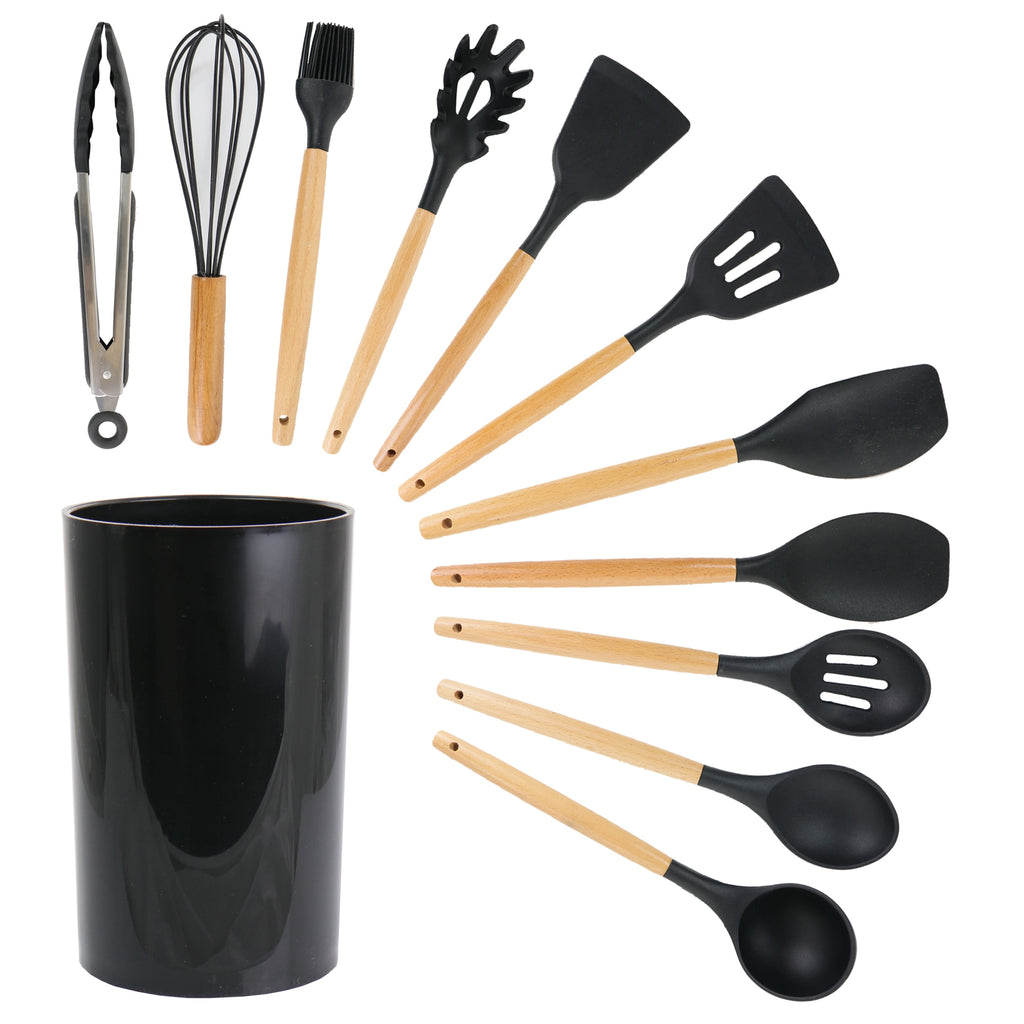 Black 12 Piece Silicone and Wood Cooking Utensils