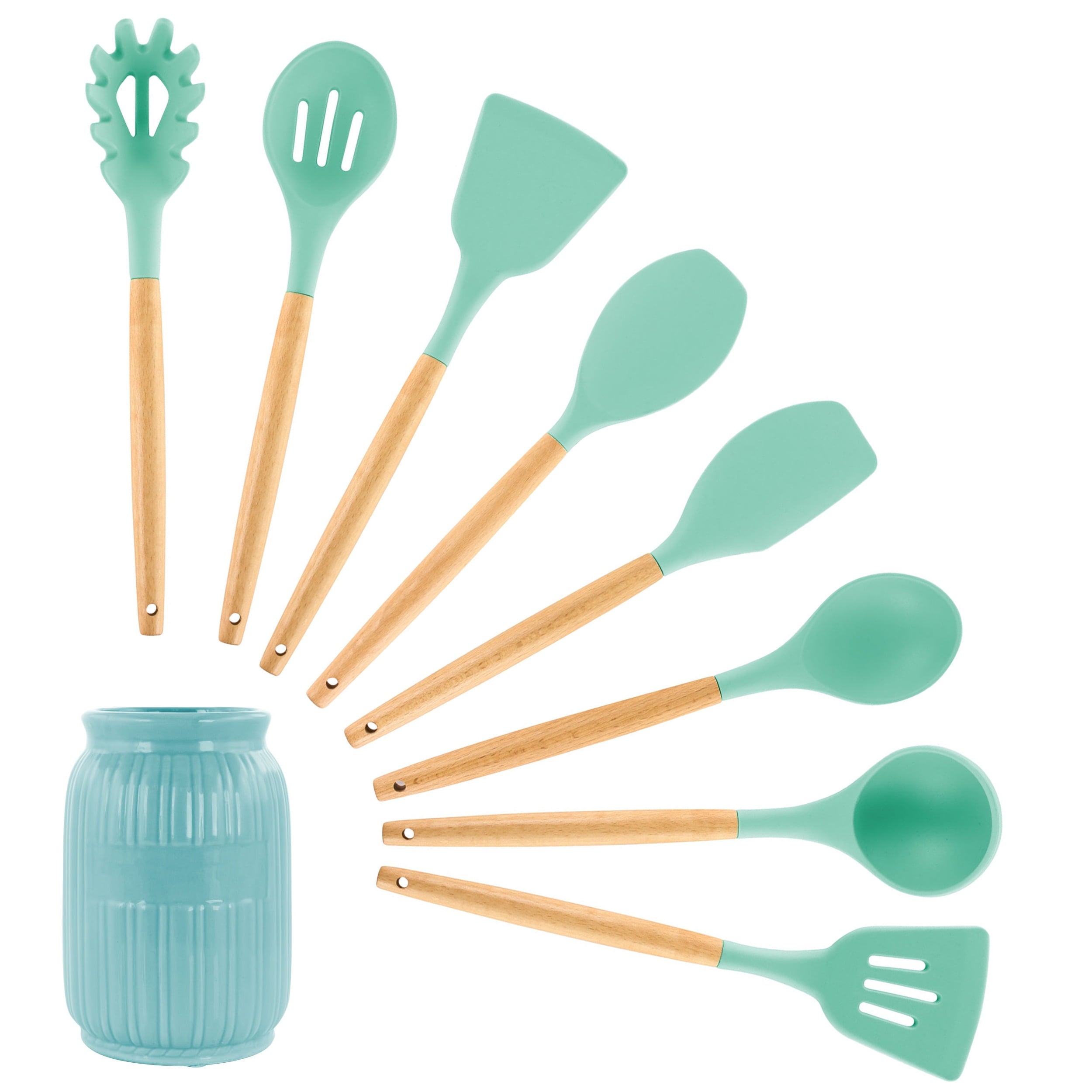 Green 9 Piece Silicone and Wood Cooking Utensils