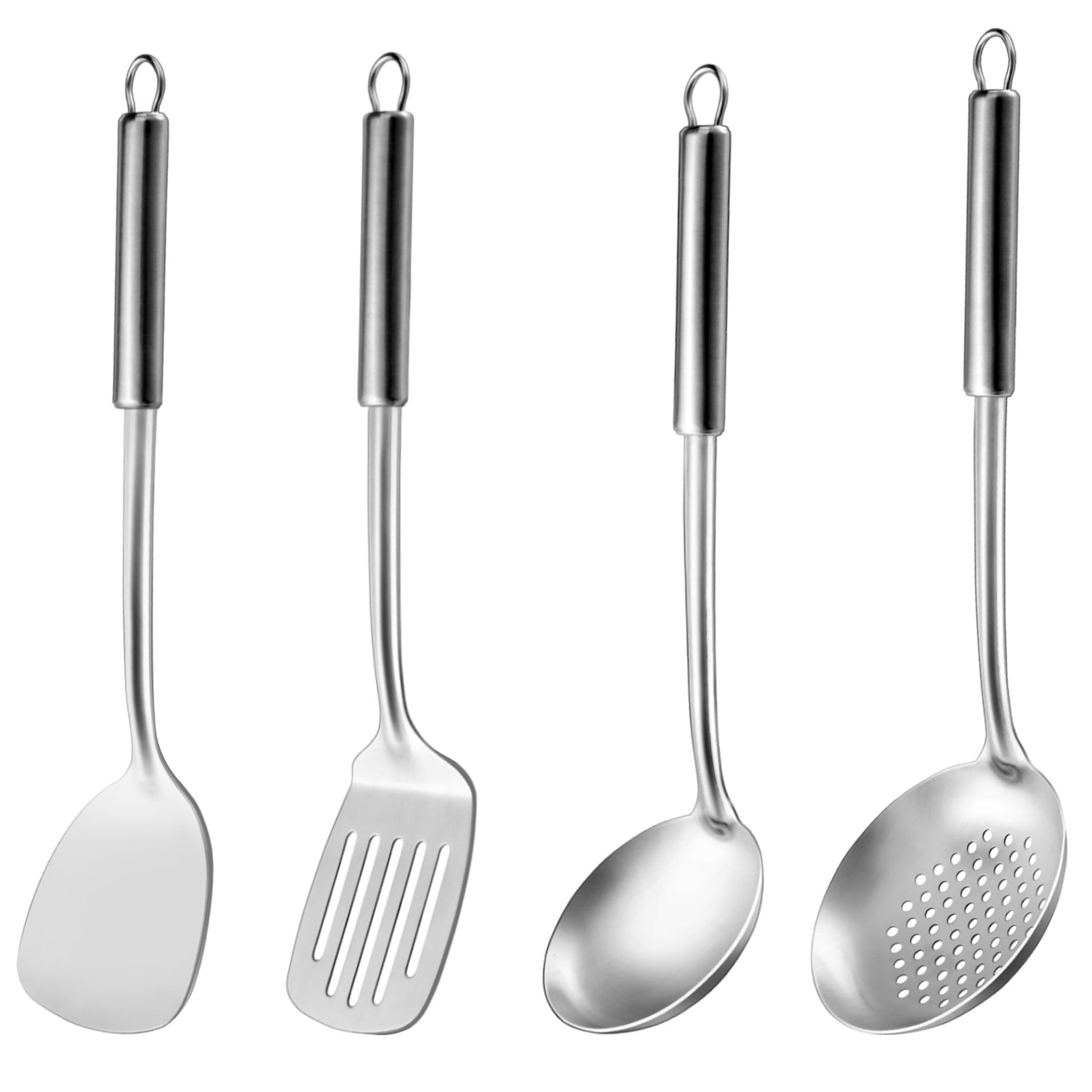 4 Pcs Cooking Utensils Set, 304 Stainless Steel Kitchen Utensils, Include Wok Ladle, Slotted Spoon, Wok Spatula and S...
