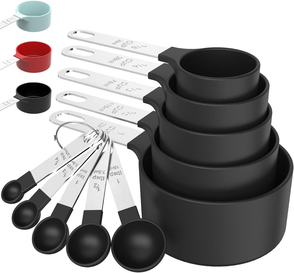 Stainless Steel and Food Safe Plastic Stackable Dishwasher Safe Measuring Cups With 5 Measuring Spoons