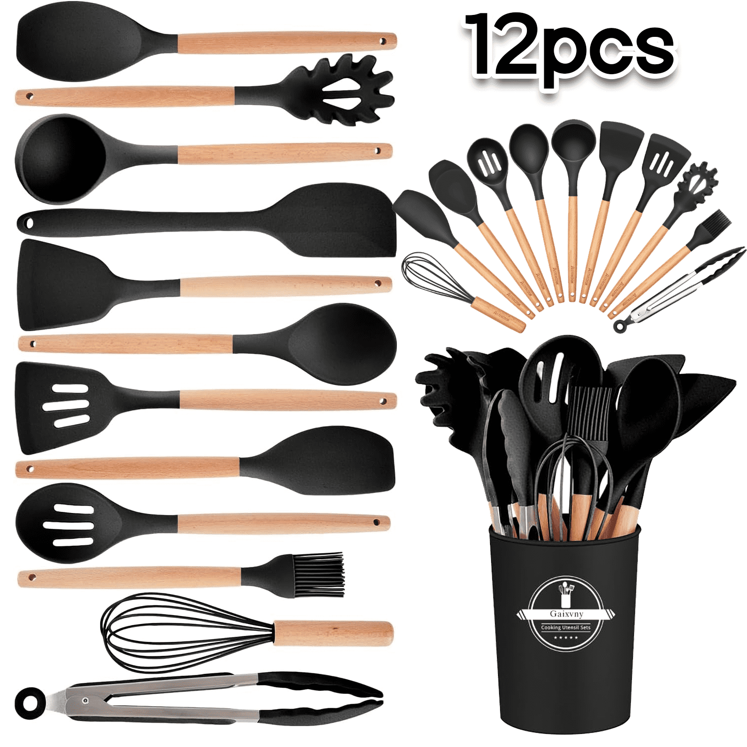 NEPIVEL Silicone Cooking Utensils Set, 12Pcs  446°F Heat Resistant Kitchen Utensils, Silicone Kitchen Utensils for Cooking Wooden Handles, K