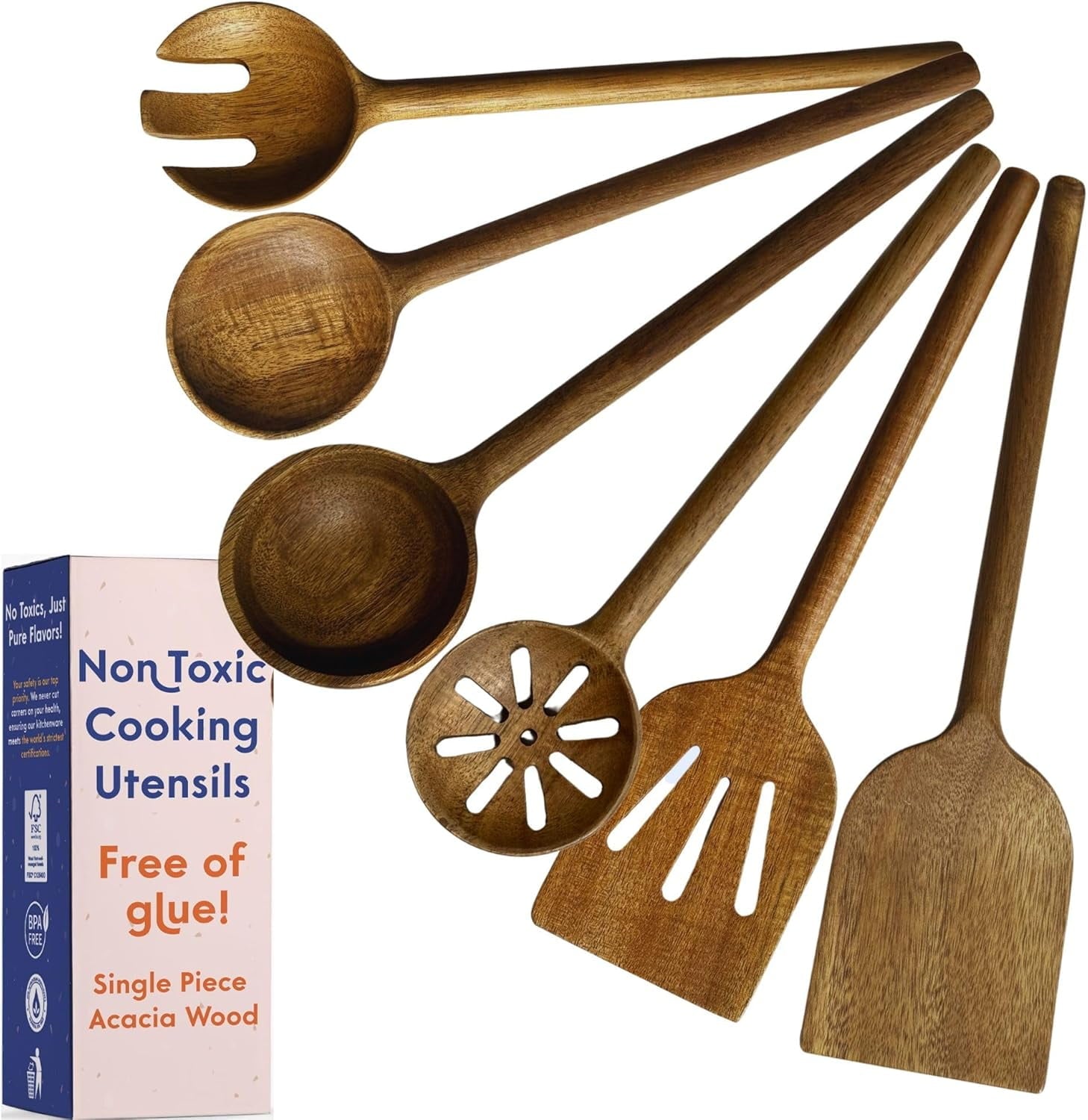 6-Piece, Glue-Free & One-Piece Wooden Spoons, Natural Wooden Set with Plant-Based Finish, Free of Chemicals.