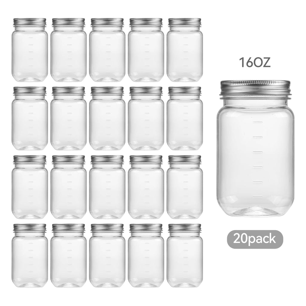 Novelinks 16 Ounce Plastic Jars with Lids Food Storage Containers 20 Pack Airtight Containers Clear Plastic Containers for Food - BPA Free,S