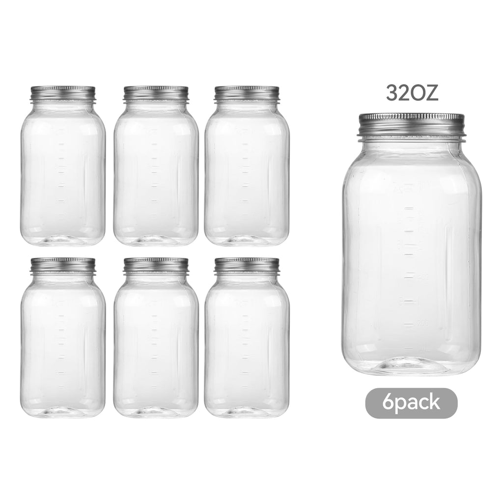32oz Plastic Jars with Lids 6 Pack Clear Containers Airtight Food Storage Containers for Kitchen & Household,Silver