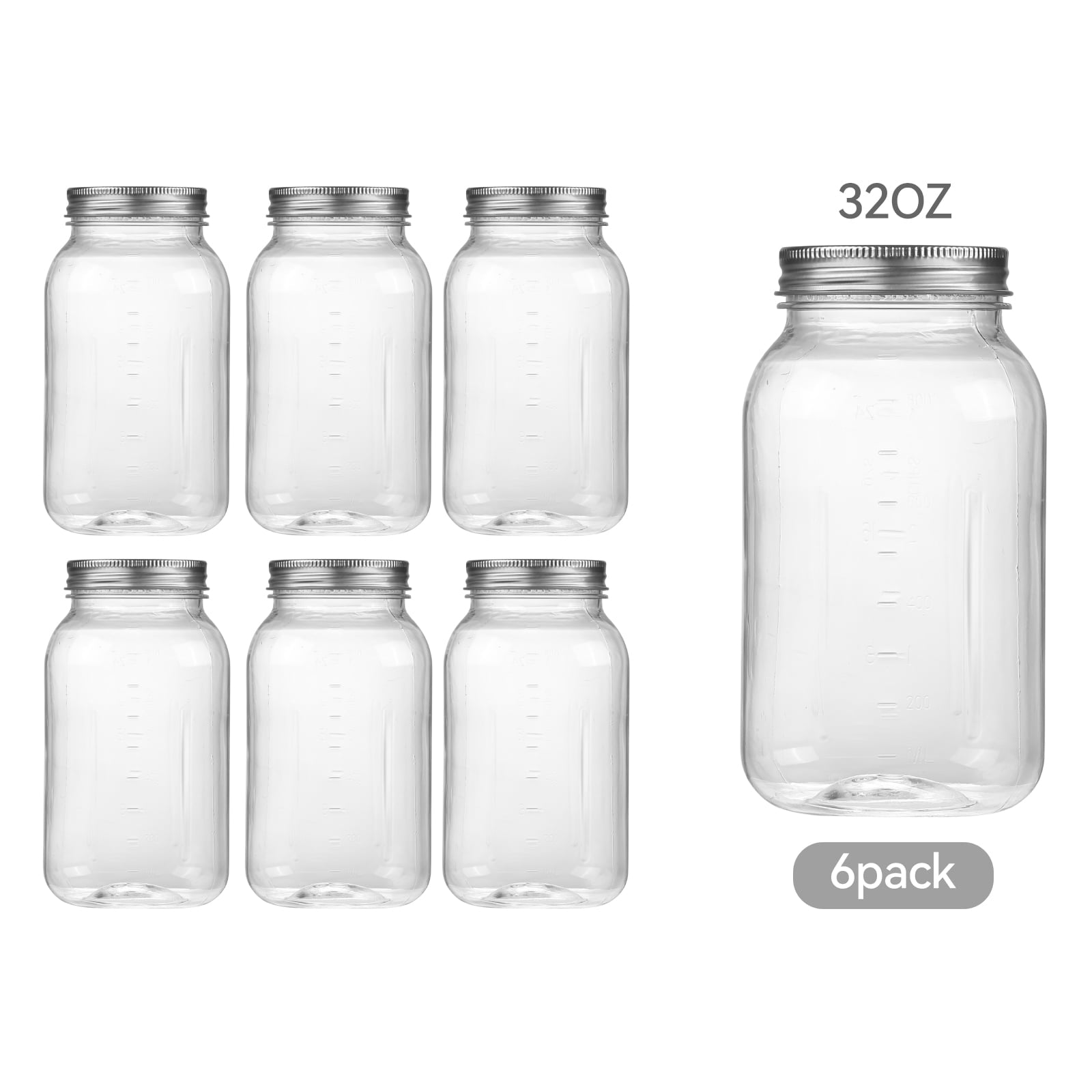 32oz Plastic Jars with Lids 6 Pack Clear Containers Airtight Food Storage Containers for Kitchen & Household,Silver