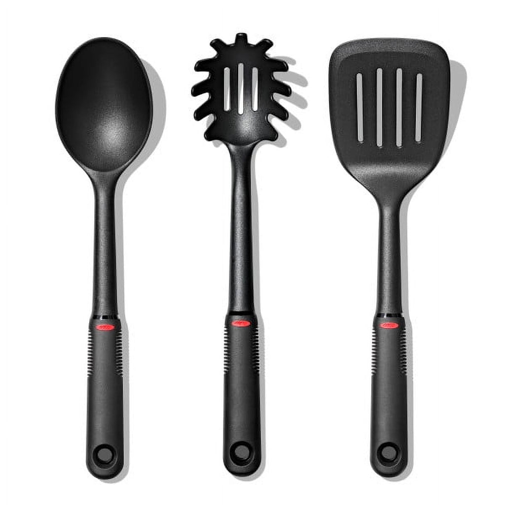 3-Piece Nylon Utensil Set, Black Spoon, Spaghetti Server & Slotted Turner