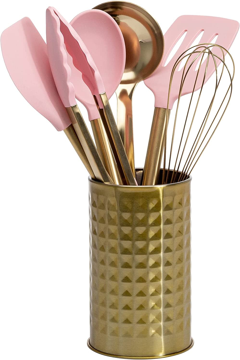 Kitchen Set Tool Crock with Silicone Cooking Utensils, Stainless Steel Whisk and Ladle, 7-Piece, Pink and Gold