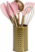 Kitchen Set Tool Crock with Silicone Cooking Utensils, Stainless Steel Whisk and Ladle, 7-Piece, Pink and Gold