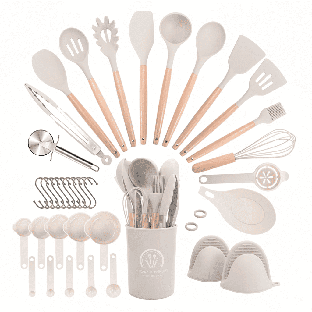 37 Pcs Kitchen Utensils Set, Silicone Cooking Tools for Nonstick Cookware, 446℉ Heat Resistant, Wood Handle Kitchen G...