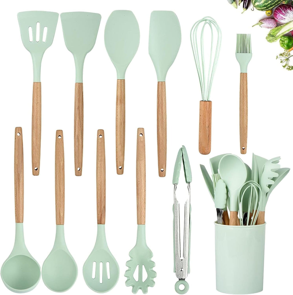 Silicone Cooking Utensils Kitchen Utensil Set, 12 PCS Wooden Handle Free Silicone Spoon Spatula Turner Tongs Whisk,Gr...