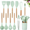 Silicone Cooking Utensils Kitchen Utensil Set, 12 PCS Wooden Handle Free Silicone Spoon Spatula Turner Tongs Whisk,Gr...
