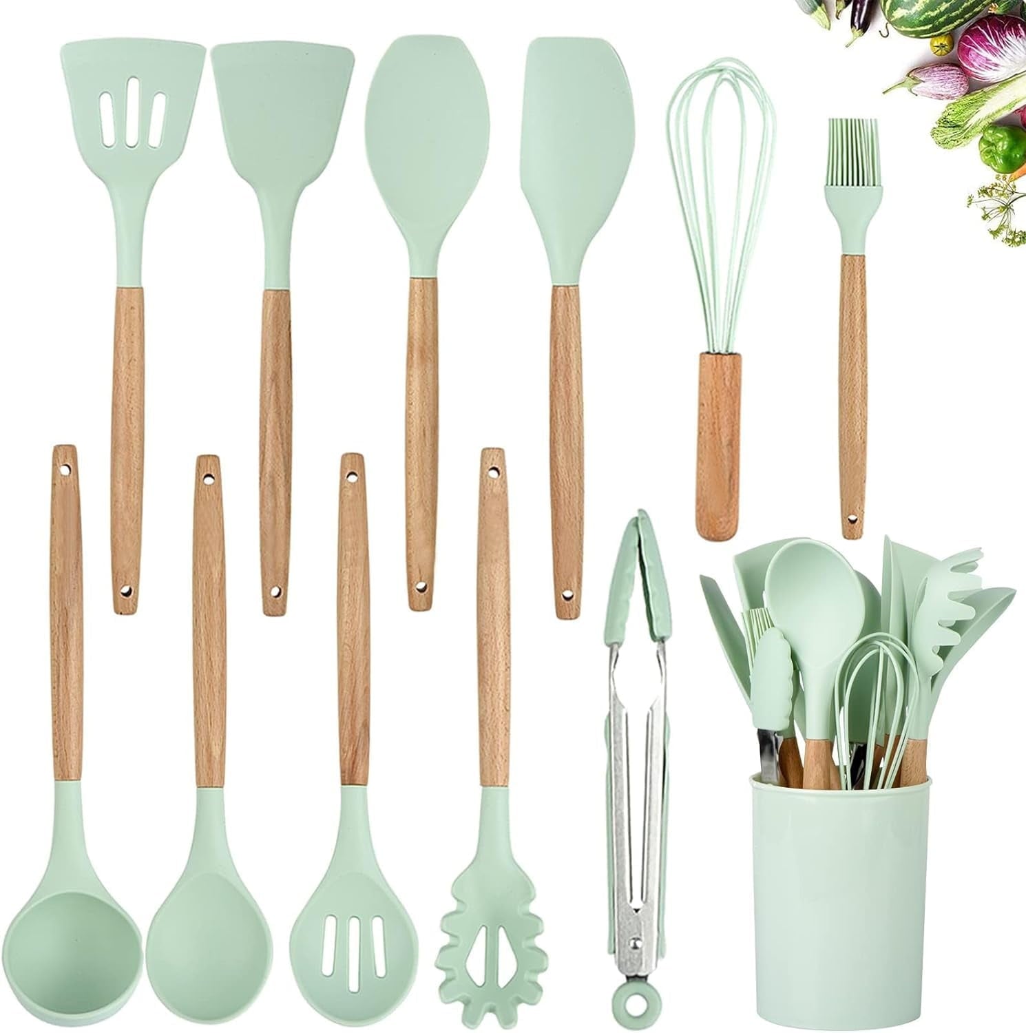 Silicone Cooking Utensils Kitchen Utensil Set, 12 PCS Wooden Handle Free Silicone Spoon Spatula Turner Tongs Whisk,Gr...