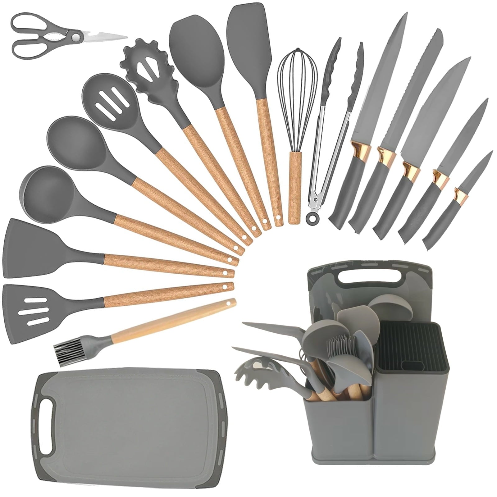 Silicone Cooking Utensils Set, 19Pcs Non-Stick Heat Resistant Kitchen Utensils Spatula Set with Stainless Steel Chef's Knife Set, Cooking, M