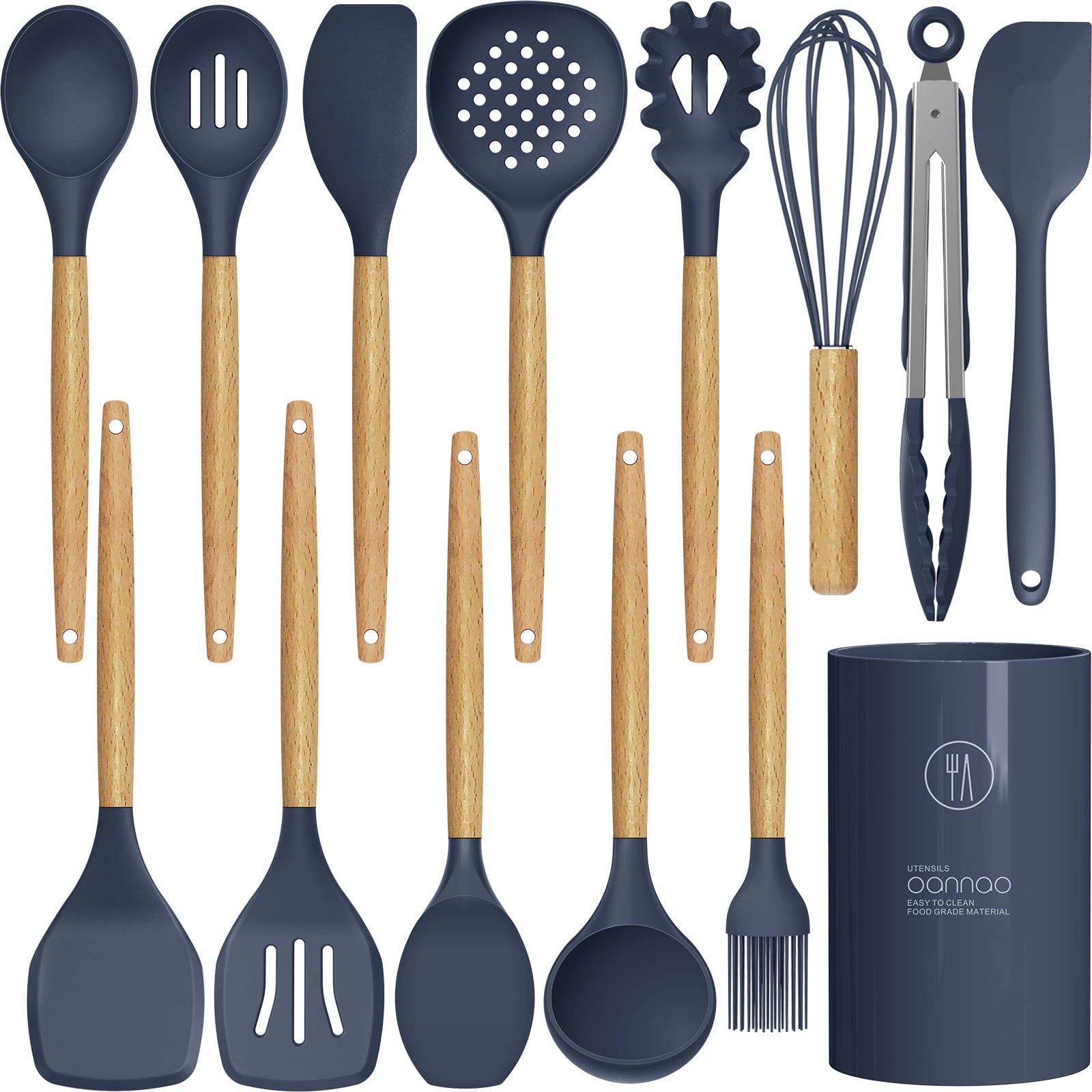 Silicone Cooking Utensils Set - 446°F Heat Resistant Silicone Kitchen Utensils for Cooking,Kitchen Utensil Spatula Set w Wooden Handles and