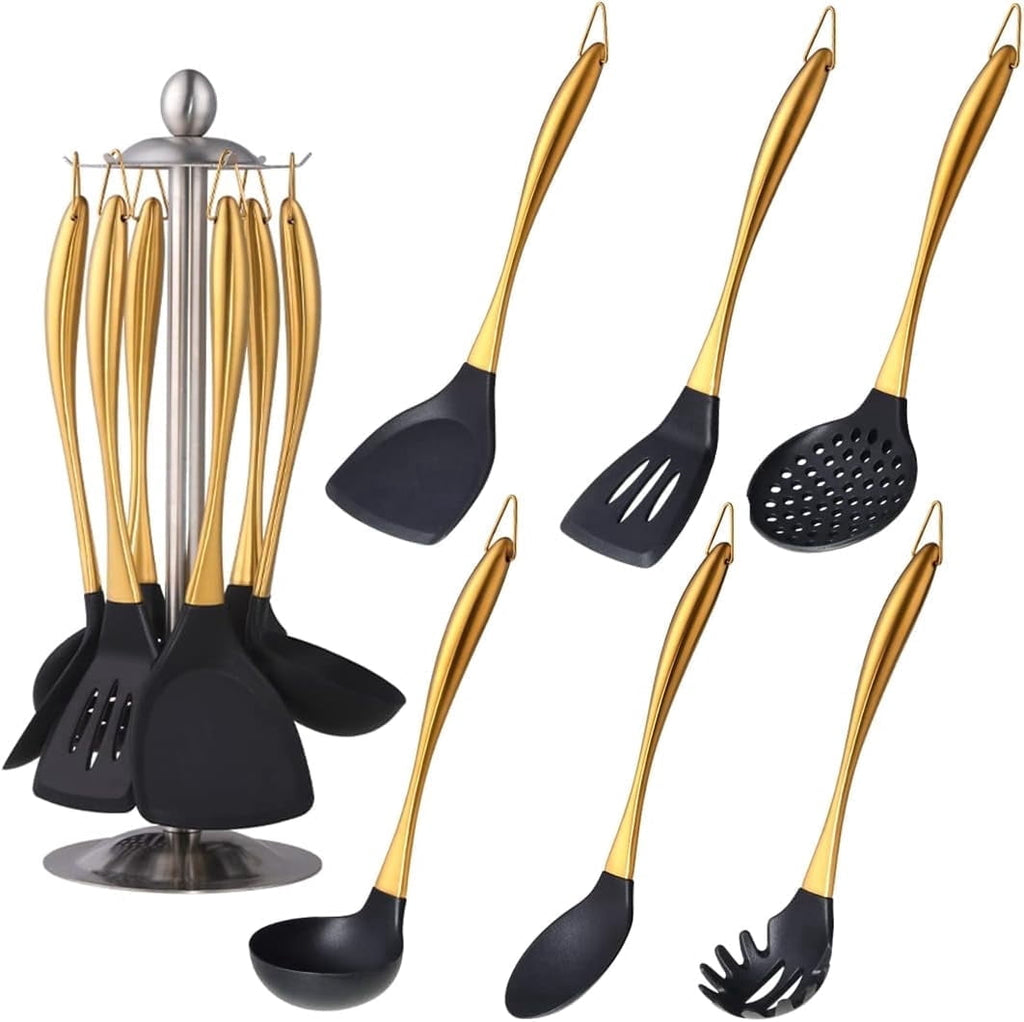 Silicone Cooking Utensils Set, 6-Piece Non-Stick Kitchen Utensil Set with Titanium Stainless Steel Handles & Holder, Spatula, Spoon, Tongs f