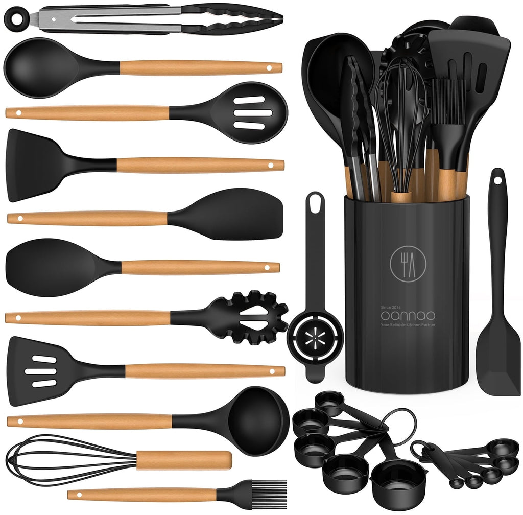 Silicone Cooking Utensils Set - Silicone Kitchen Utensils for Cooking Wooden Handles, Heat Resistant Kitchen Utensil ...
