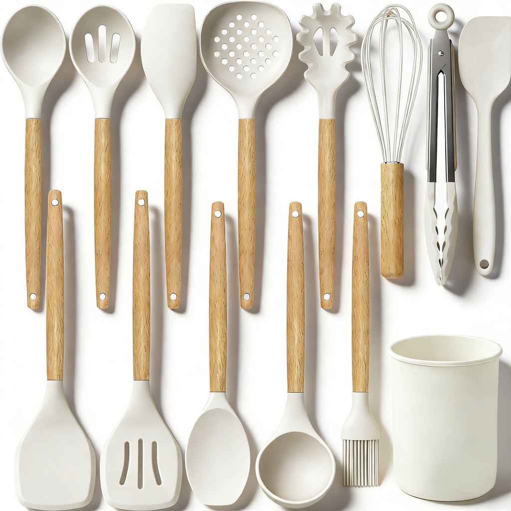 14-Piece Silicone Cooking Utensils Set, Non-Stick Kitchen Utensil Set for Baking, Flipping, Mixing, White
