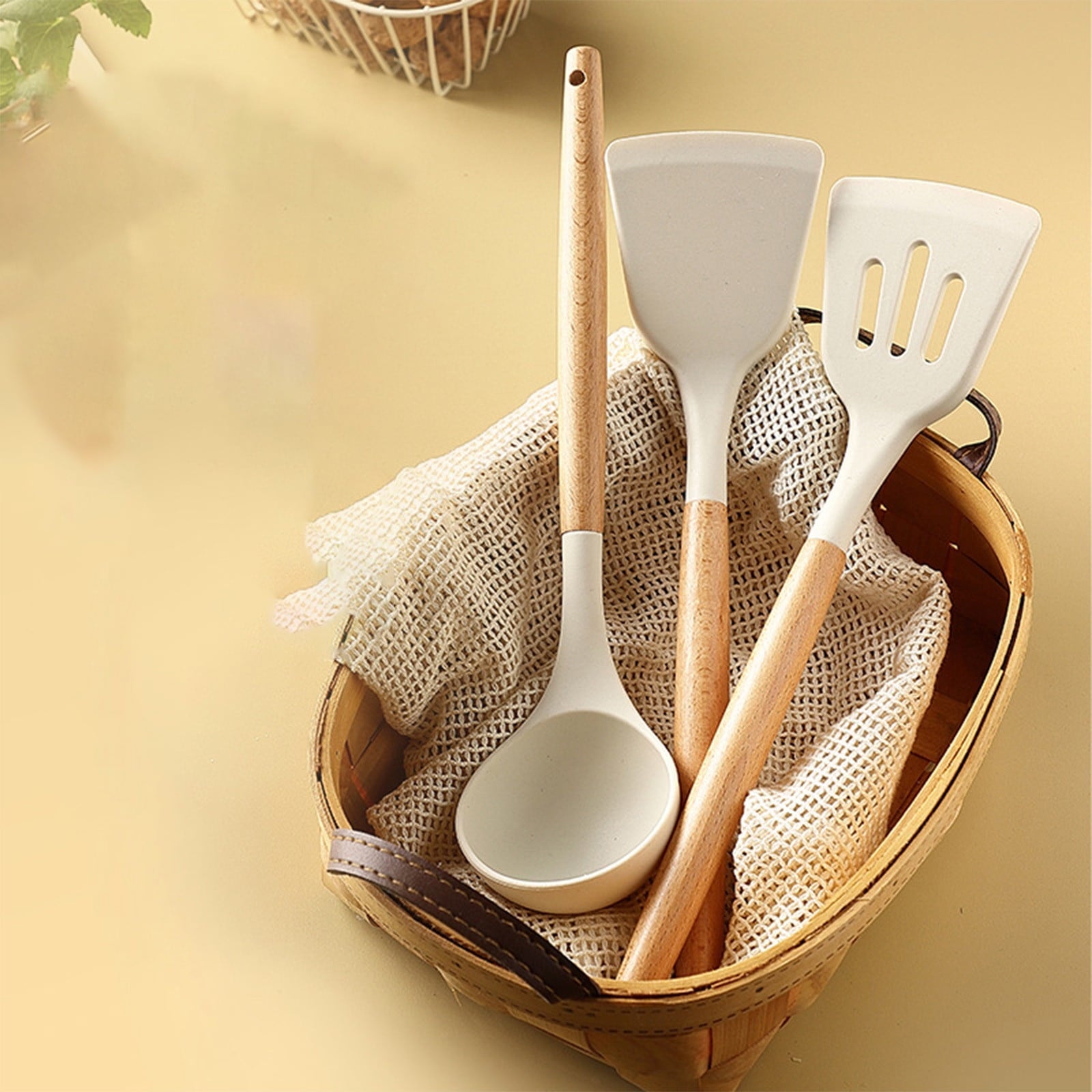 Silicone Kitchen Utensils Set of 3 | Non-Stick Cooking Tools with Wooden Handles | Heat Resistant Spatula & Ladle for Frying and Baking