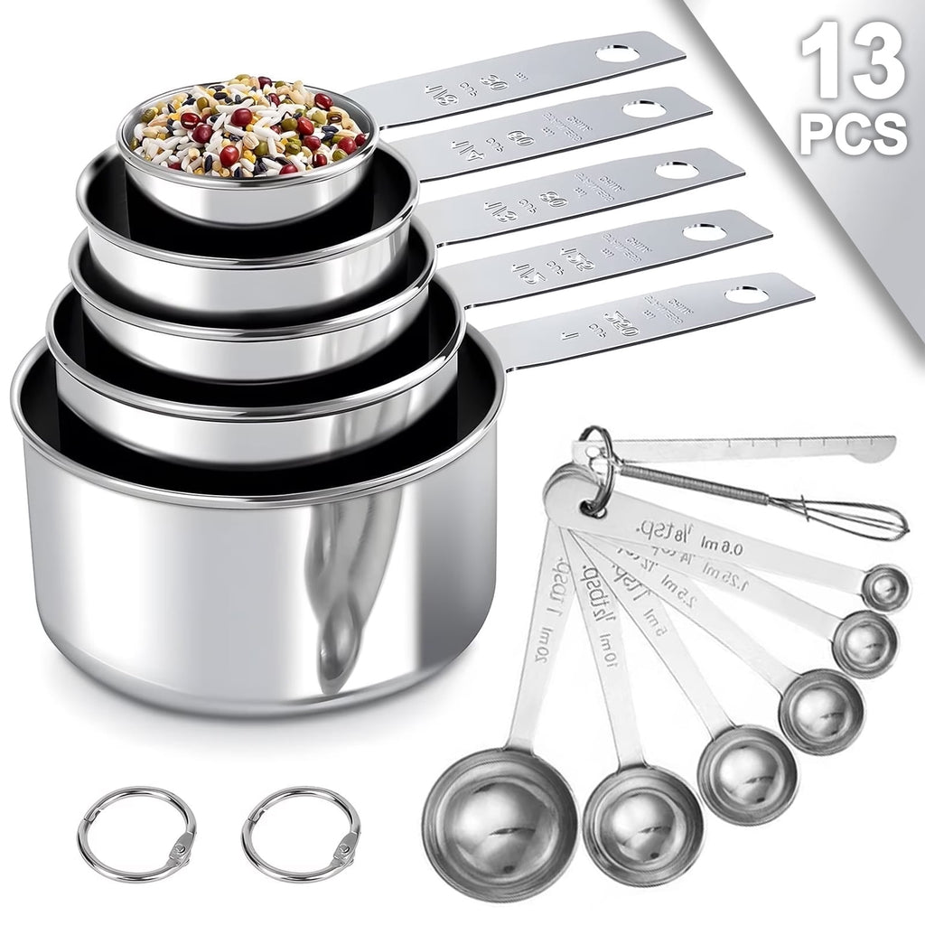 13-Piece Stainless Steel Measuring Cups and Spoons Set, 5 Stainless Steel Measuring Cups,6 Stainless Steel Measuring ...