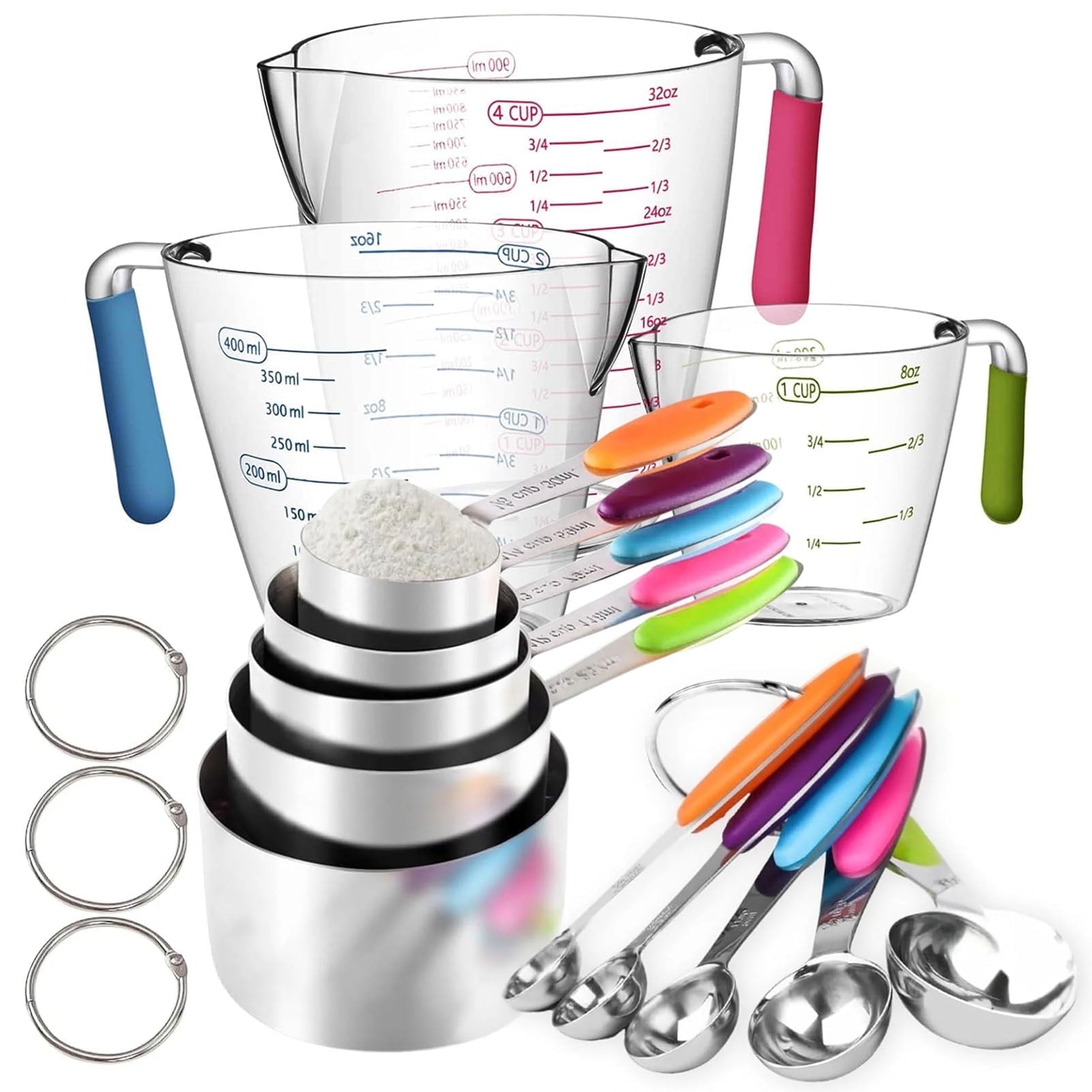 Square 14-Piece Measuring Cups and Spoons Set, Nesting Stainless Steel Measuring Cups Spoons with Plastic Measuring Cup for Dry and Liquid I