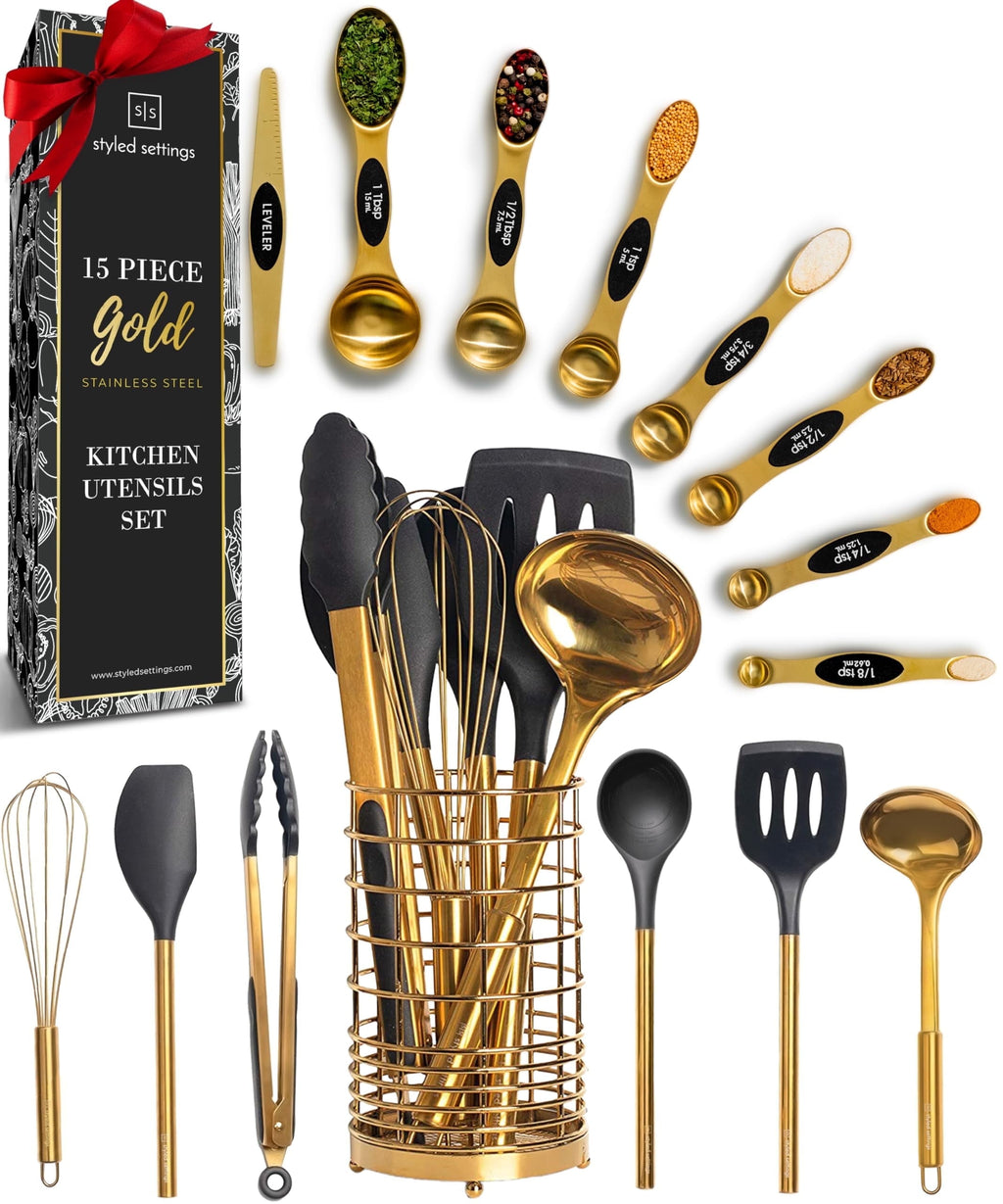 Black and Gold Kitchen Utensils Set - 15 Piece Set Includes Gold and Black Silicone Cooking Utensils with Gold Utensi...