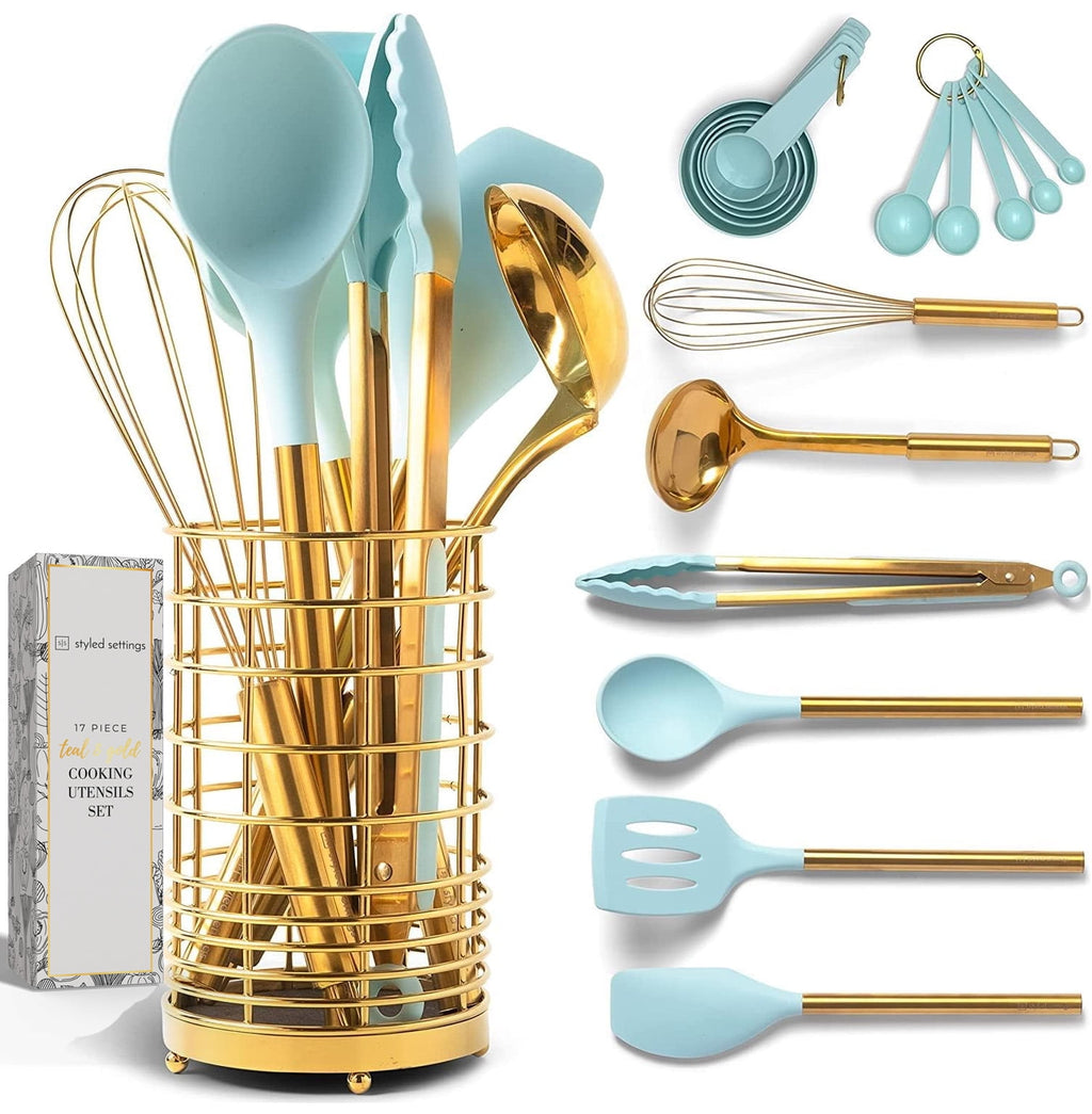 Styled Settings Teal & Gold Silicone Cooking Utensils Set with Holder