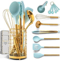 Styled Settings Teal & Gold Silicone Cooking Utensils Set with Holder