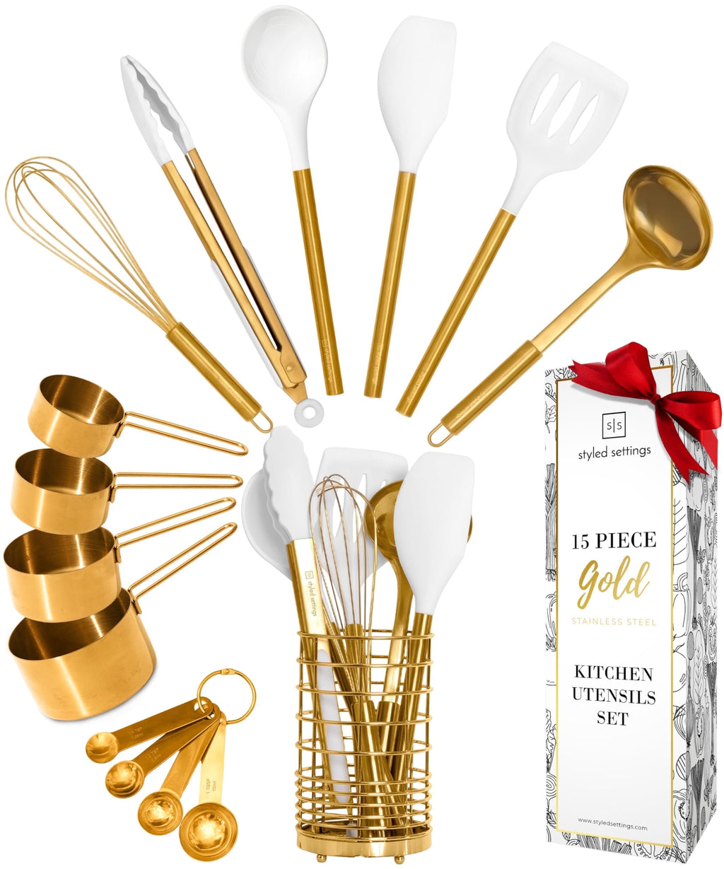 White and Gold Cooking Utensils Set with Holder - 15 PC Set Includes Gold and White Silicone Cooking Utensils Set, Go...