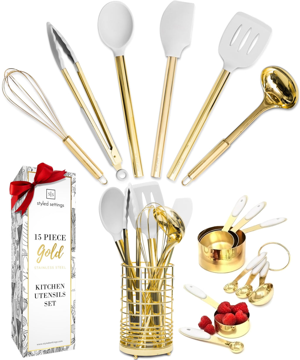 White and Gold Kitchen Utensils Set - 15-Piece Non-Scratch, White and Gold Utensils Set Includes White Silicone Cooki...