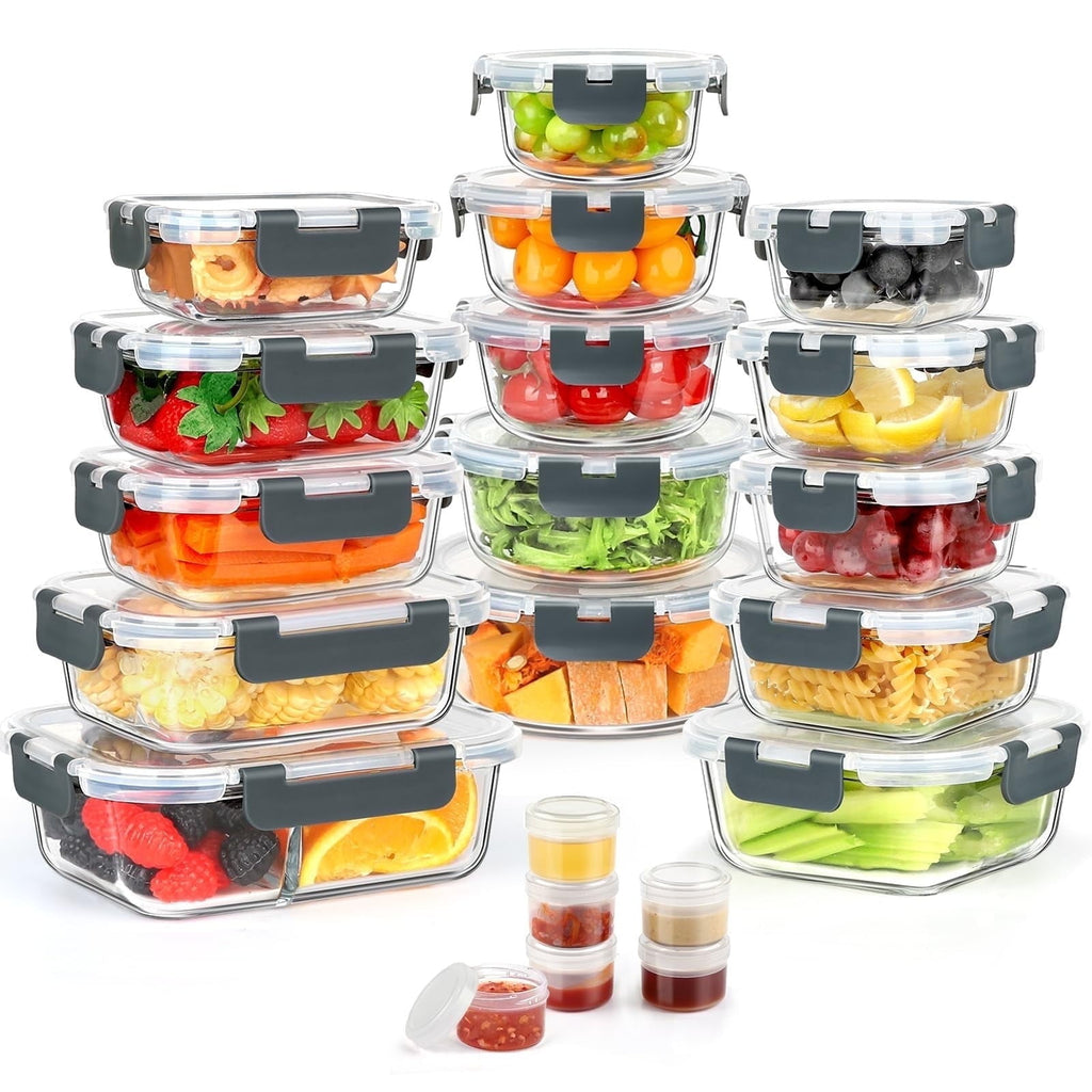 42 Pcs Glass Food Storage Containers Set with Snap Locking Lids, 21 Containers & 21 Lids, Glass Meal Prep Lunch Box C...