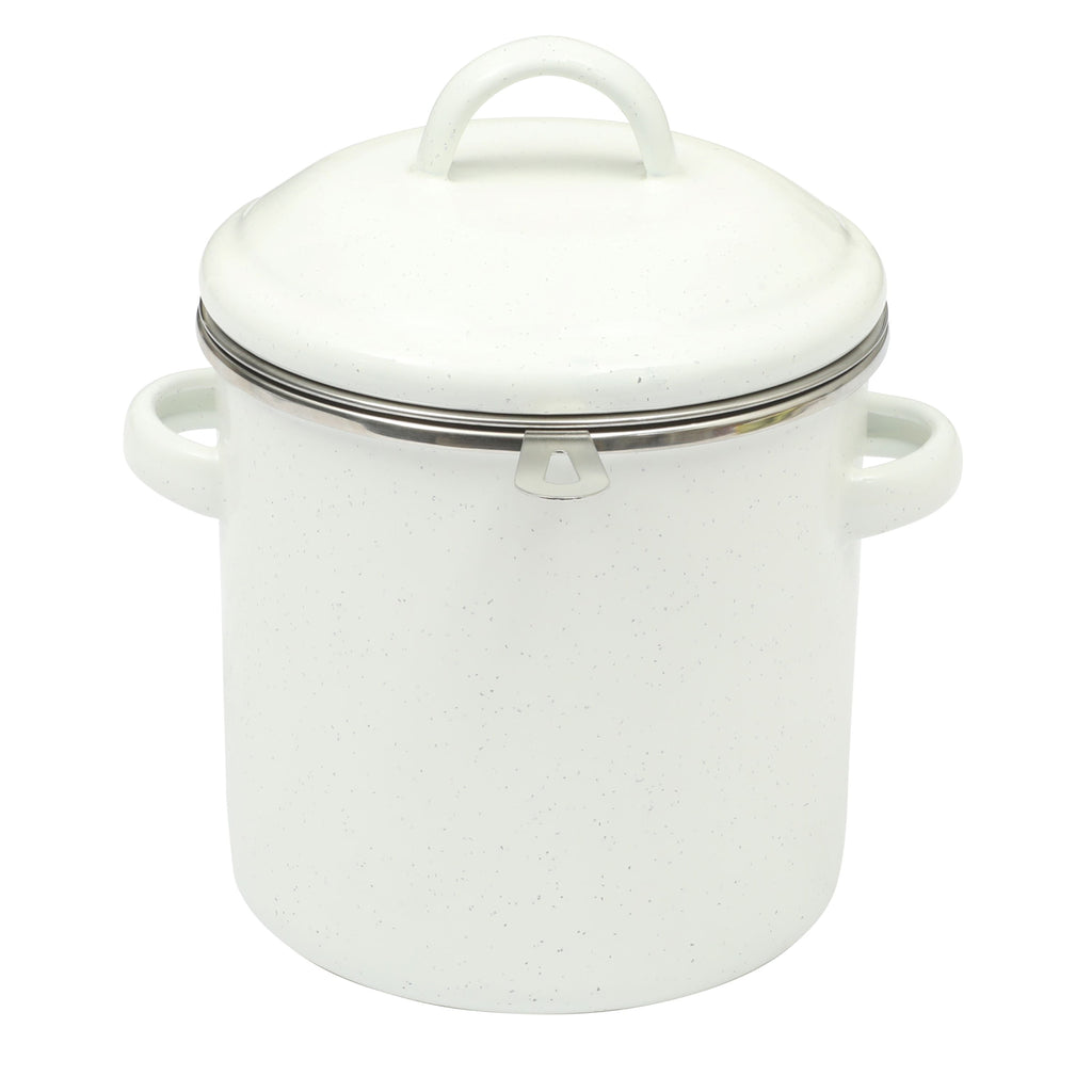 Enamel-on-Steel Grease Strainer with Lid, Linen Speckle