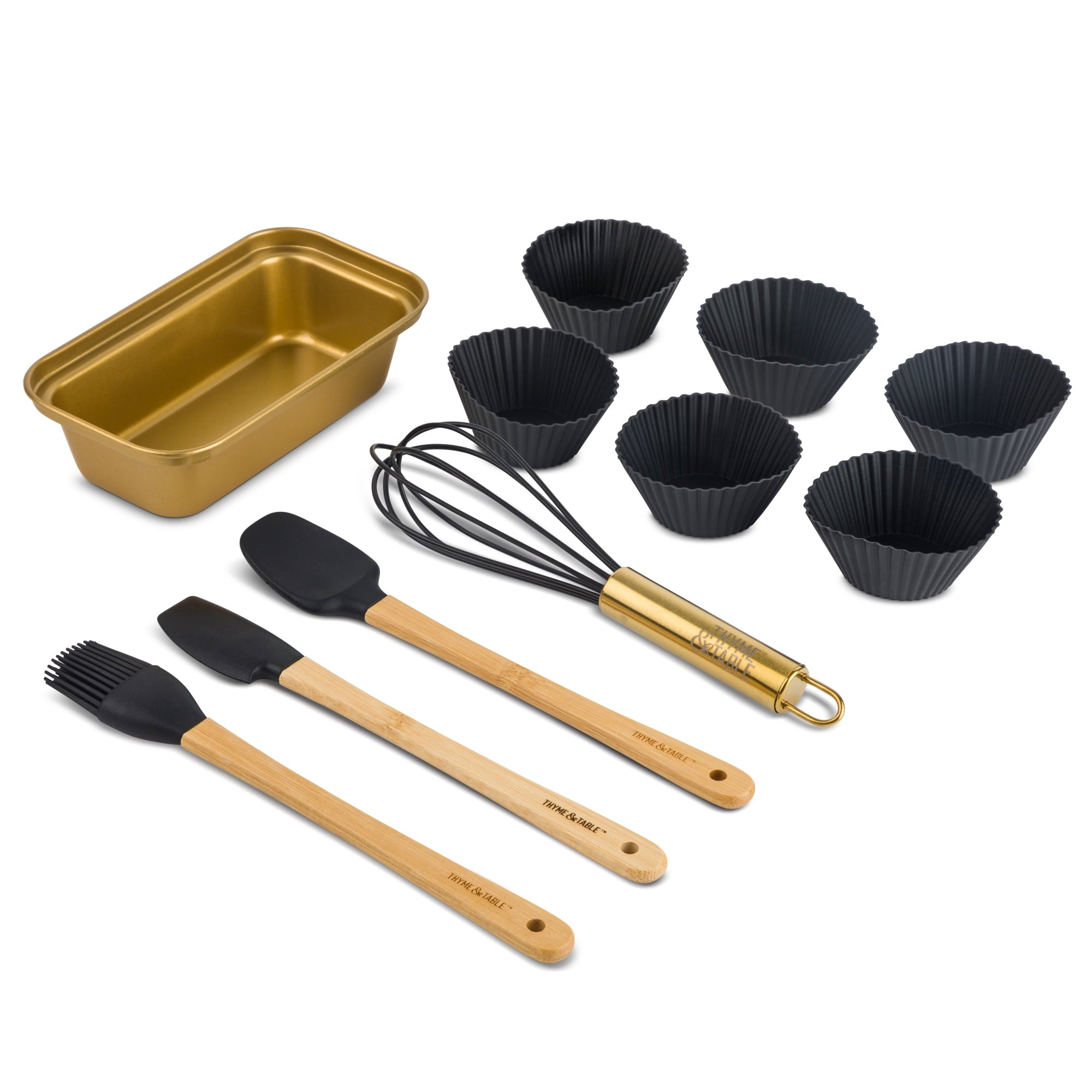 Mini Kitchen Utensil Set with Whisk, Spatula, Mini Loaf Pan, Cupcake Liners, 11 Pieces, Gold