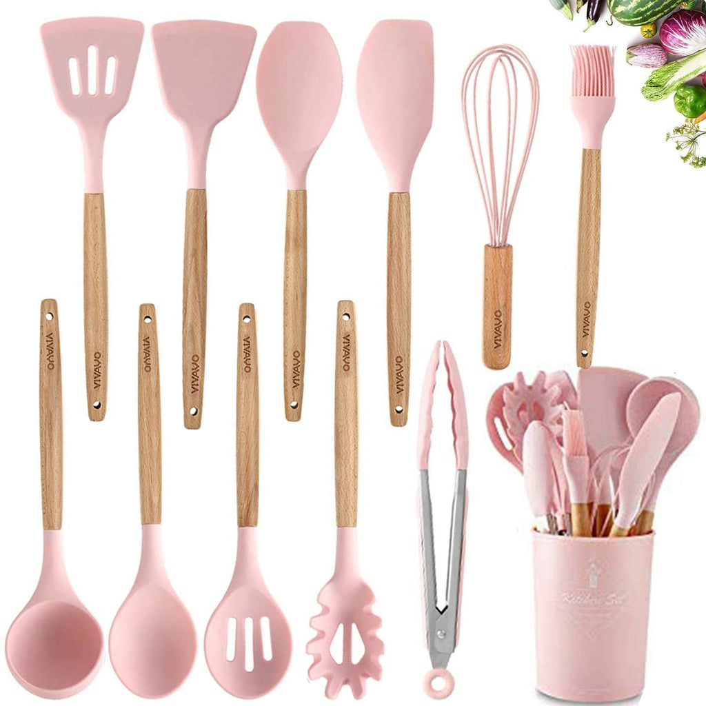 Silicone Cooking Utensil Kitchen Utensils Set, 12 Pieces Silicone Kitchen Utensil Wooden Handles, Kitchen Spatula Set...