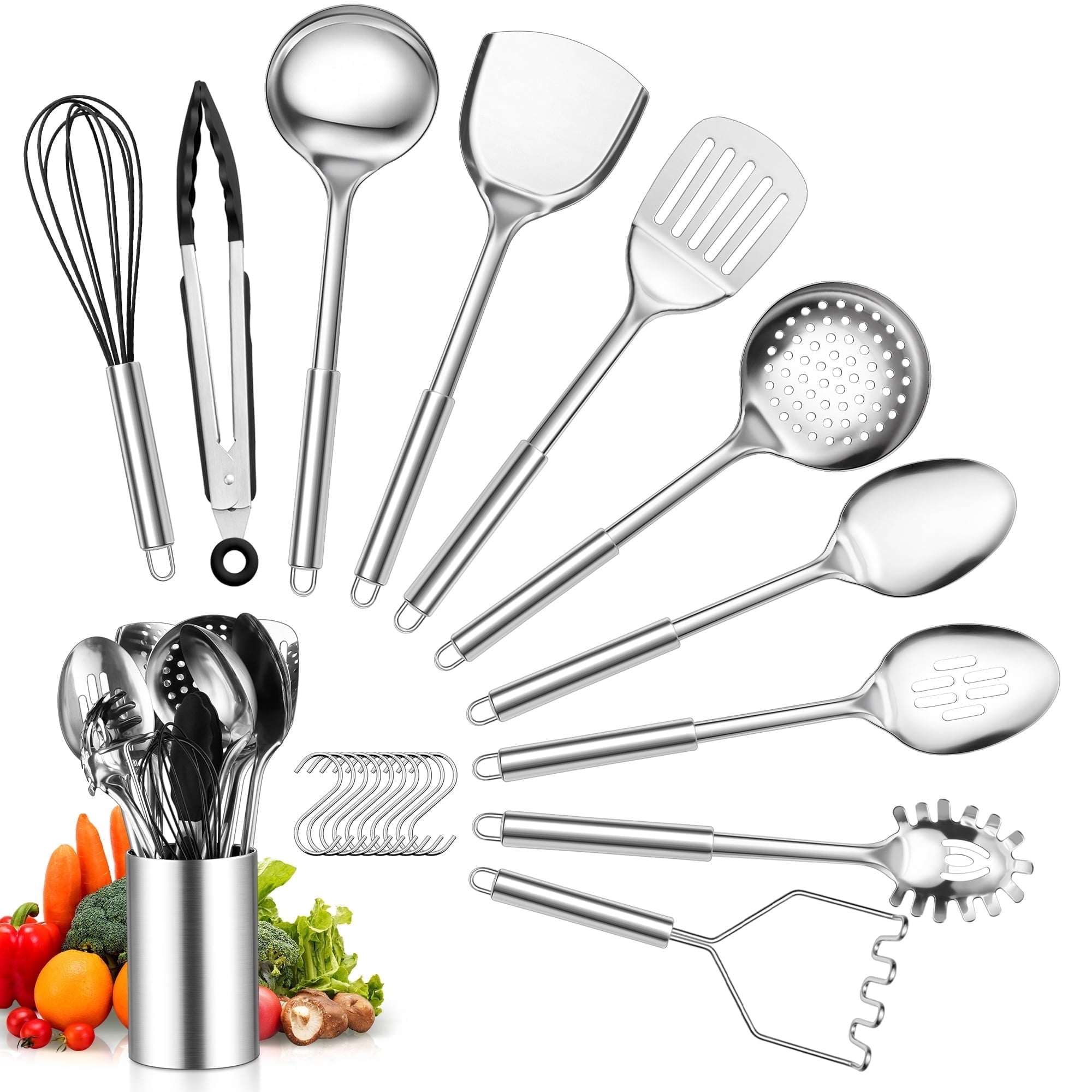 Stainless Steel Kitchen Utensils Set, 21 PCS Cooing Utensils Set With Holder, Metal Kitchen Gadgets Cookware Tools fo...