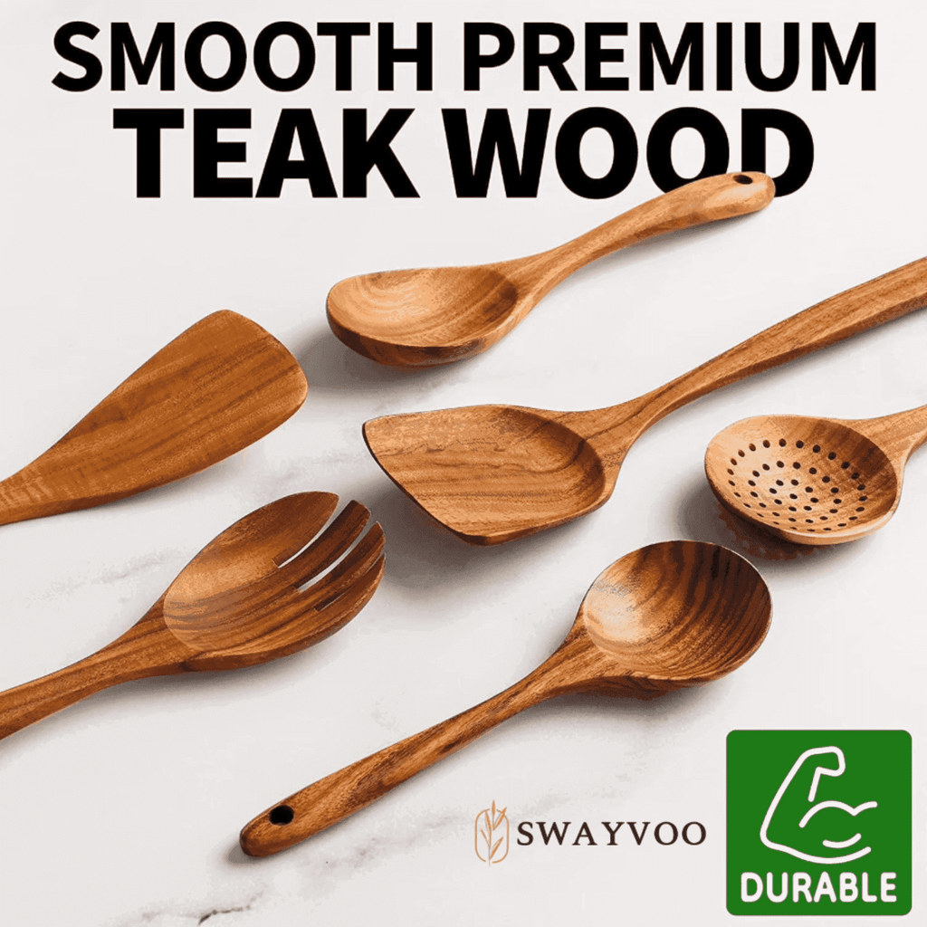 Wooden Spoons for Cooking, 6-Piece 100% Natural Teak Wooden Utensils for Cooking — Heat Resistant, Non-Stick Safe, Wo...