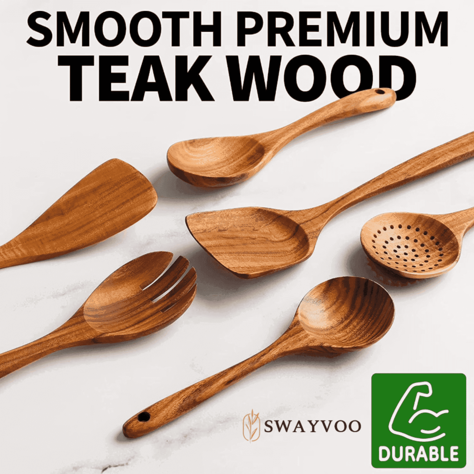 Wooden Spoons for Cooking, 6-Piece 100% Natural Teak Wooden Utensils for Cooking — Heat Resistant, Non-Stick Safe, Wo...