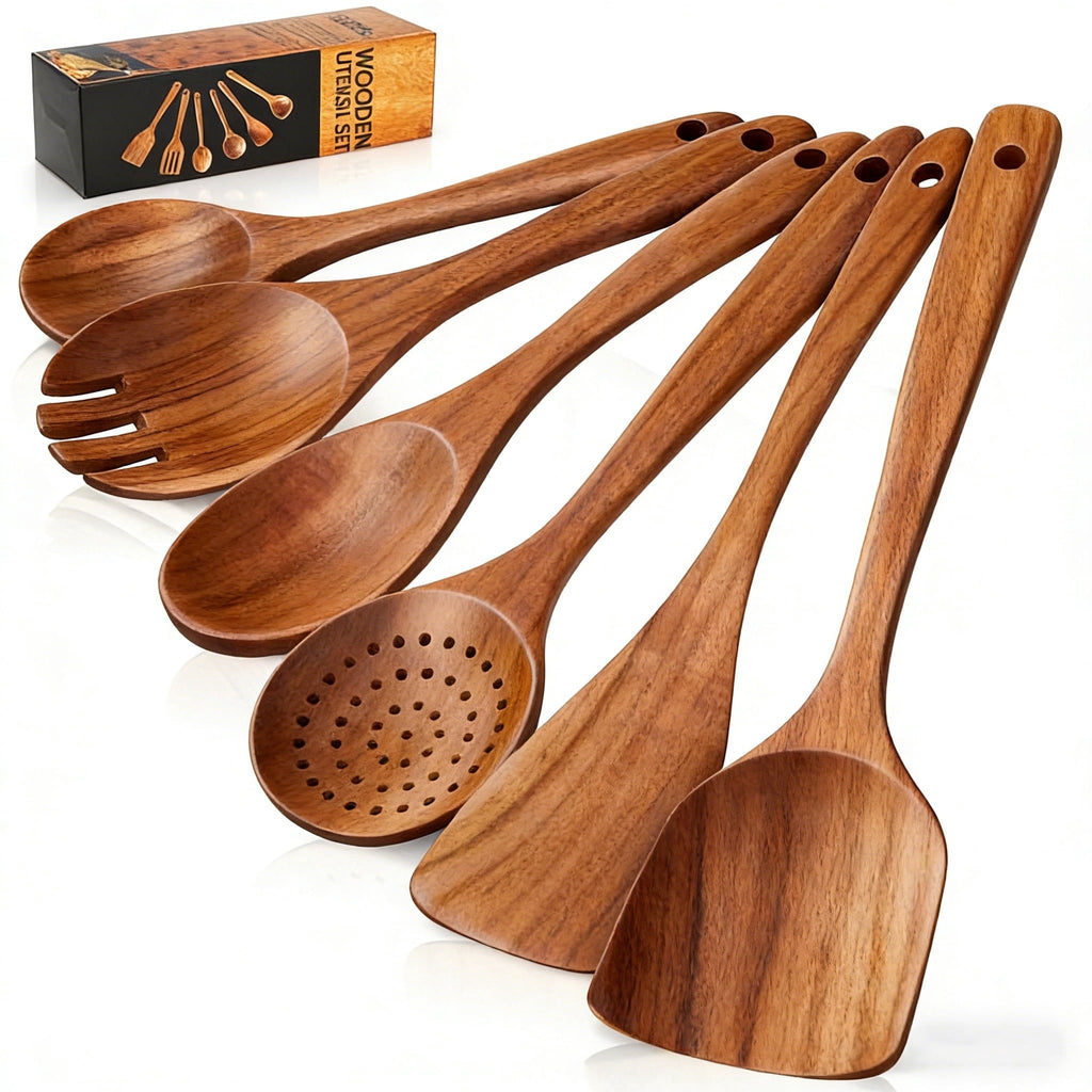 GPED Wooden Spoons for Cooking, 6 PCS Teak Wood Cooking Utensil Set, Wooden Kitchen Utensils for Nonstick Pans & Cookware, Spoons and Spatul