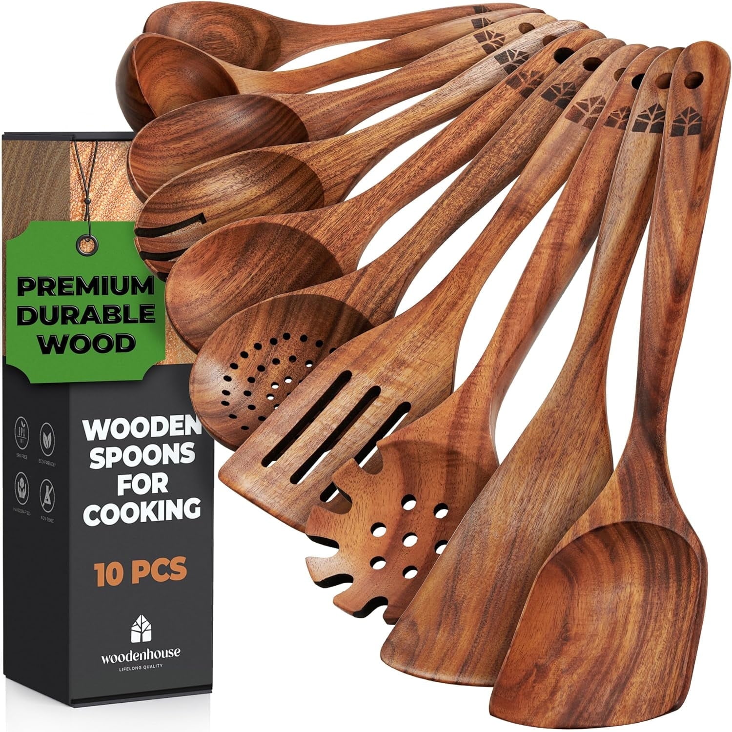 Wooden Spoons for Cooking, 10 Pcs Wooden Cooking Utensils Set Wooden Utensil Set for Nonstick Pans & Cookware