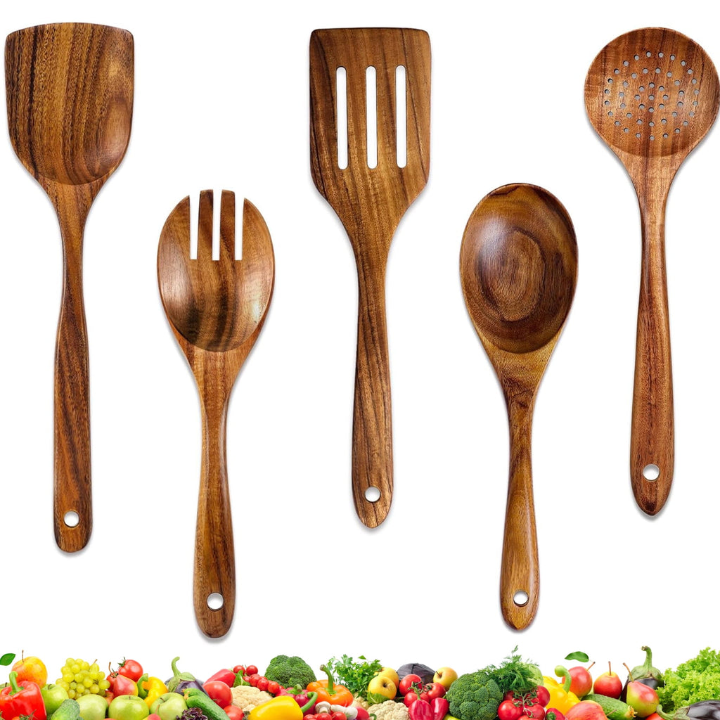 Wooden Spoons for Cooking, 5 Pcs Natural Teak Kitchen Utensil Set , Wooden Cooking Utensils Set for Nonstick Pans & C...