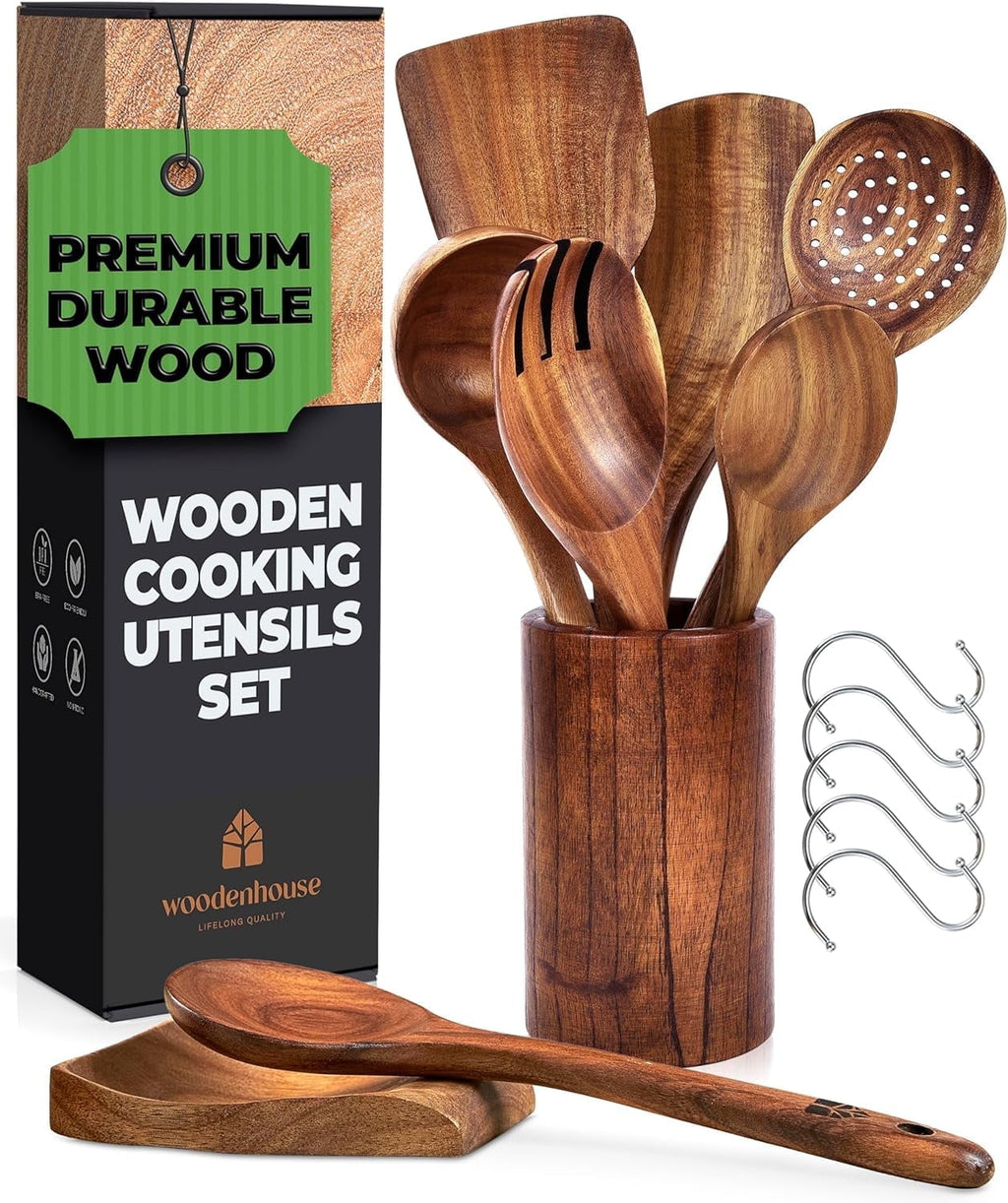 Wooden Utensils for Cooking, 8 piece Set with Holder, Perfect for Nonstick
