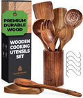 Wooden Utensils for Cooking, 8 piece Set with Holder, Perfect for Nonstick
