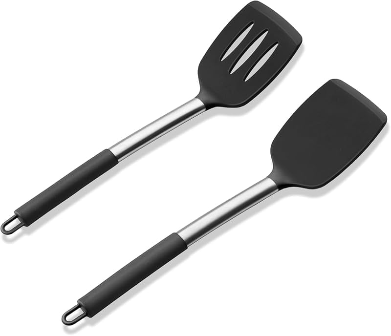 4-Piece Silicone Cooking Utensils Set, Heat Resistant Non-Stick Kitchen Utensils with Stainless Steel Handle, Slotted...