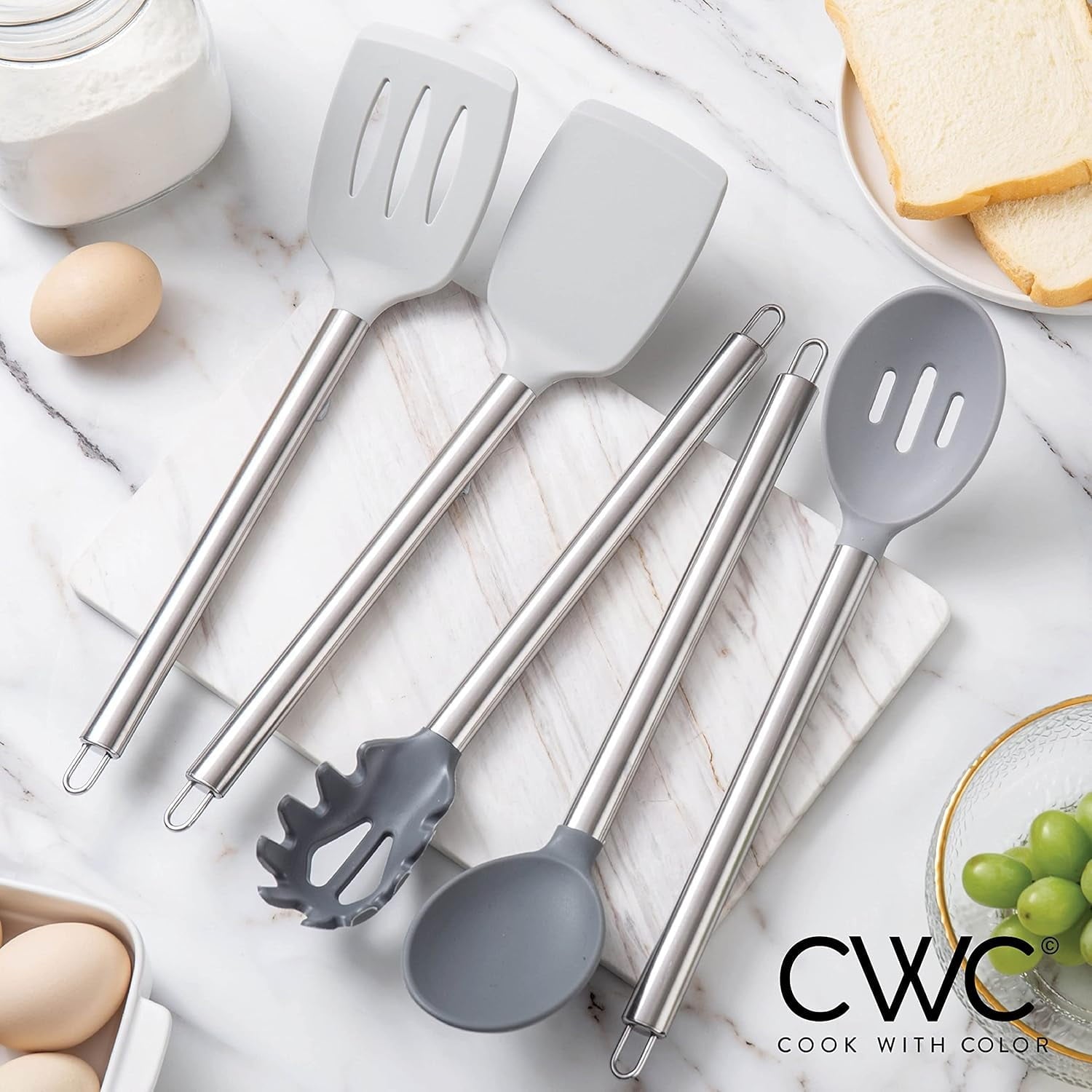 Kitchen Utensil Set, Easy to Clean Silicone Kitchen , for Nonstick Cookware, Kitchen Gadgets Set, 5 Pieces, Grey Ombre