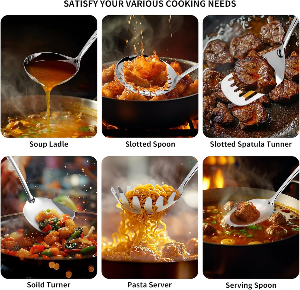 304 Stainless Steel Cooking Utensils Set,6 Pcs Long Metal Kitchen Utensils Set with Spatula, Solid Spoon, Ladle, Skim... - Image 2